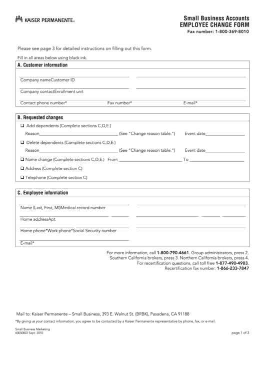 Fillable Employee Change Form - Kaiser Printable pdf