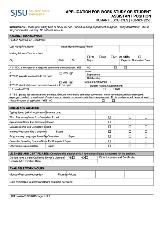 Sjsu Application For Work Study Or Student Assistant Position Printable pdf