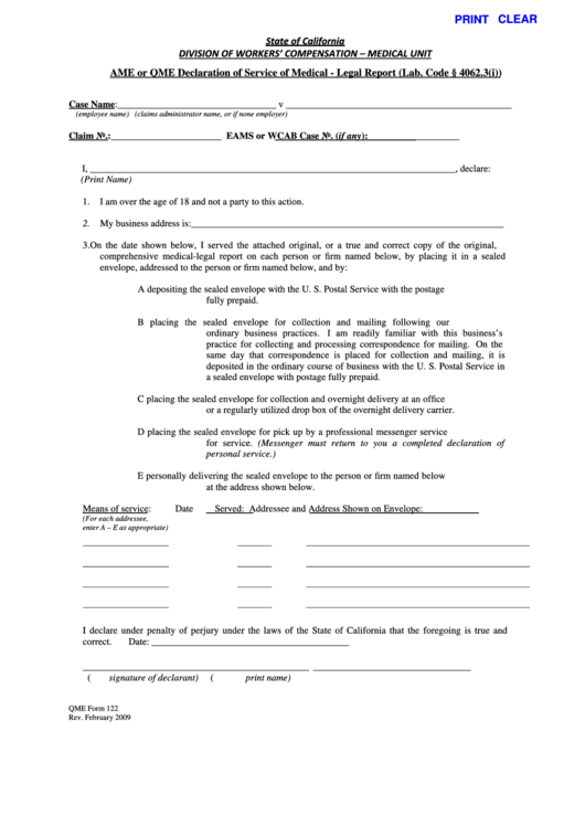 Fillable Qme Form 122 - Ame Or Qme Declaration Of Service Of Medical Printable pdf