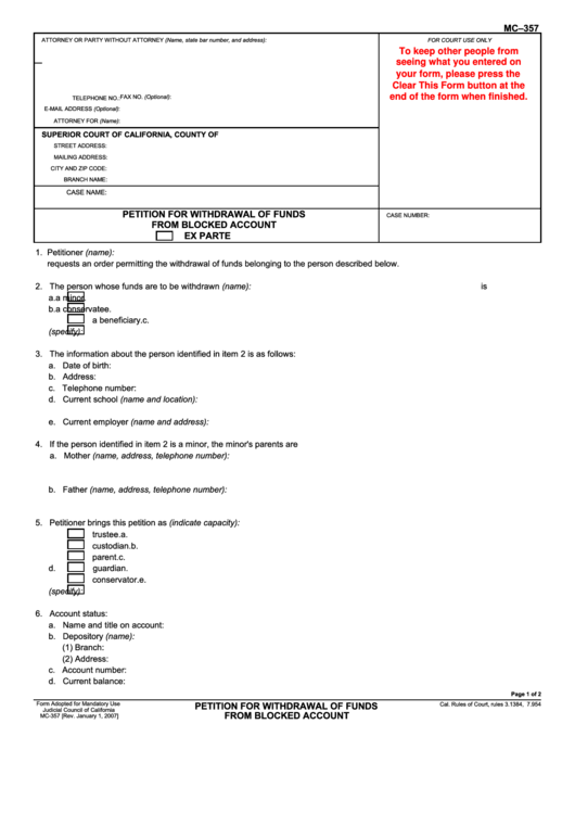Fillable Petition For Withdrawal Of Funds From Blocked Account Printable pdf