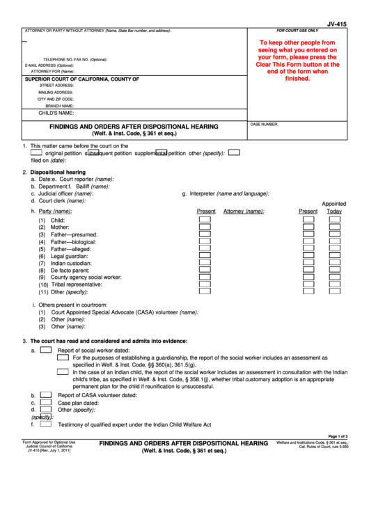 Fillable Form Jv-415 - Findings And Order After Dispositional Hearing Printable pdf