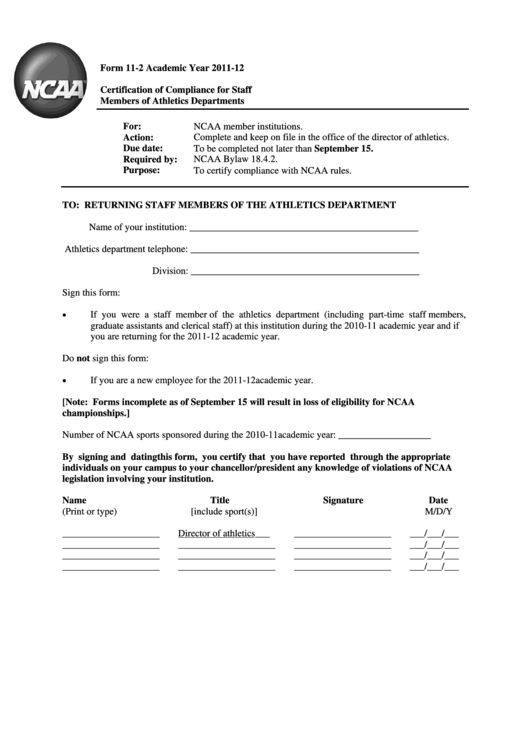 Ncaa Certification Of Compliance (Appendix A) Printable pdf