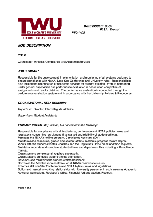 Job Description - Coordinator, Athletics Compliance And Academic Services Printable pdf