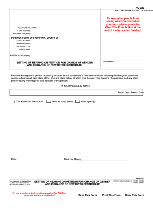 Fillable Settings Of Hearing On Petition For Change Of Gender And Issuance Of New Birth Certificate Printable pdf