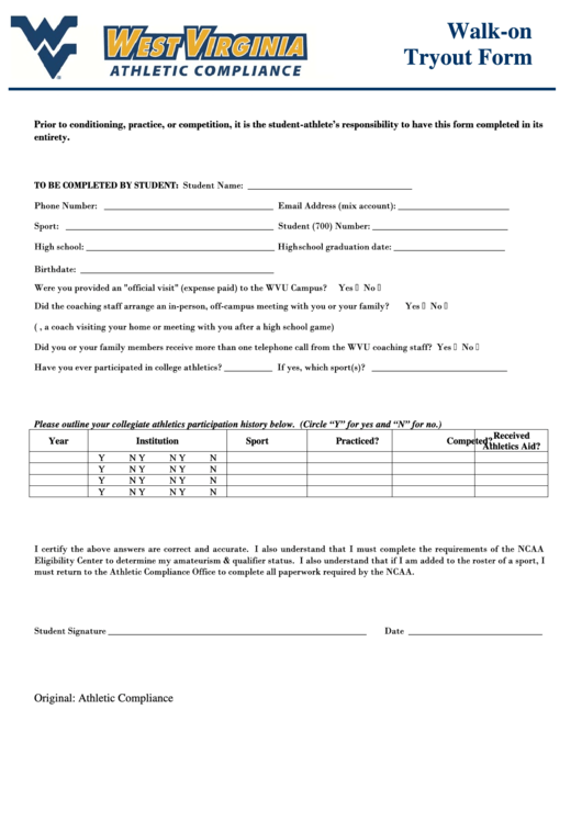 Ncaa Walk-On Tryout Form - West Virginia Athletic Compliance Printable pdf