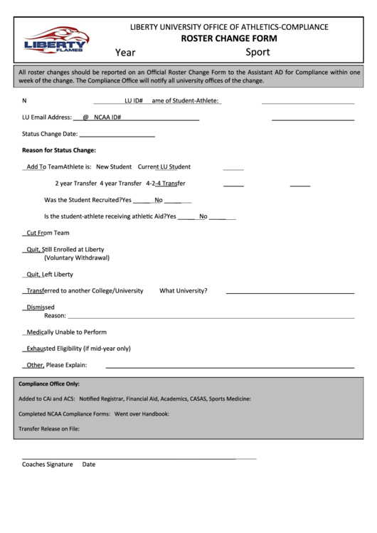 Fillable Liberty University Office Of Athletics-Compliance Roster Change Form Printable pdf