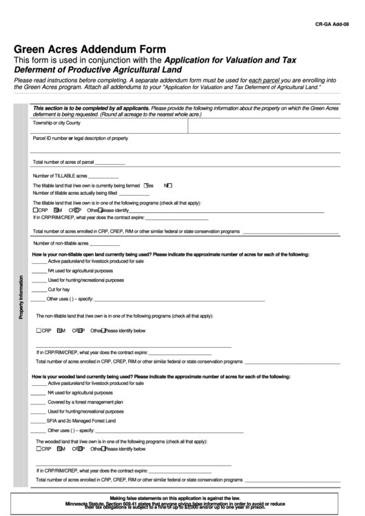 Form Cr-Ga - Green Acres Addendum Form Printable pdf
