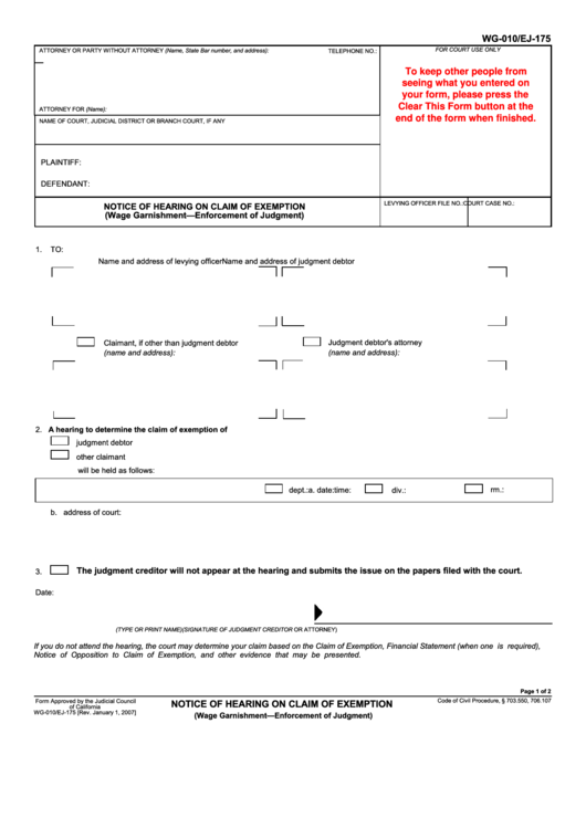 Fillable Form Wg-010/ej-175 - Notice Of Hearing On Claim Of Exemption Printable pdf