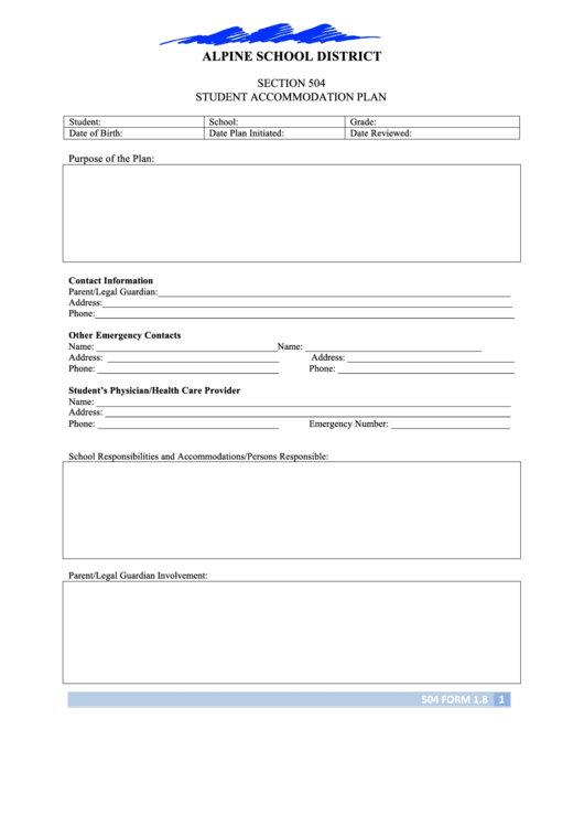 Section 504 Student Accommodation Plan Printable pdf