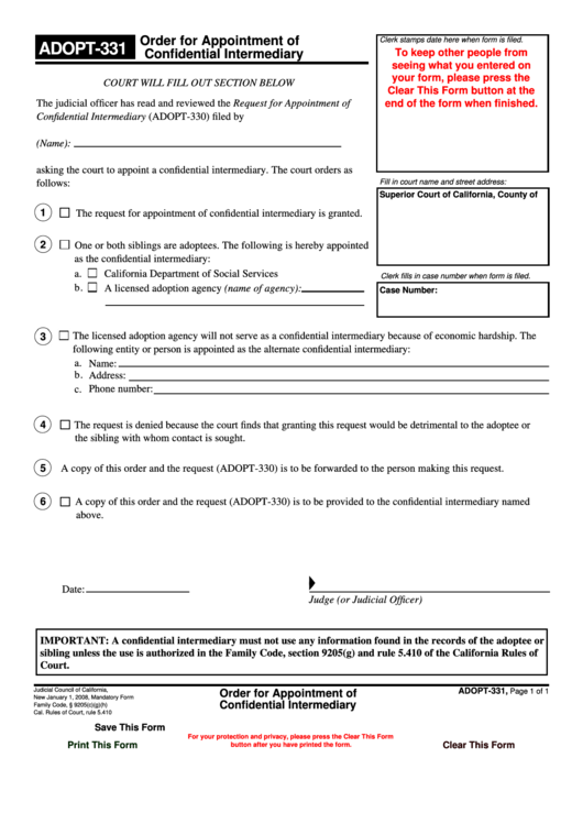 Fillable Order For Appointment Of Confidential Intermediary Printable pdf