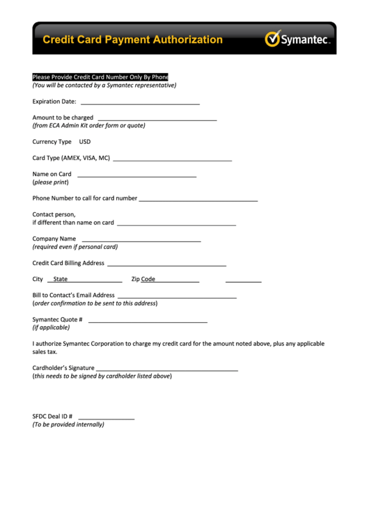 Credit Card Authorization Form - Symantec Printable pdf