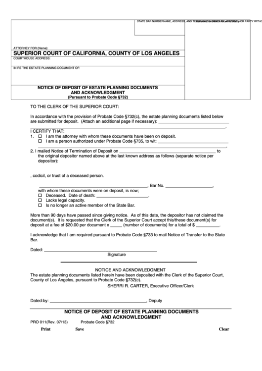 Fillable Notice Of Deposit Of Estate Planning Documents Printable pdf