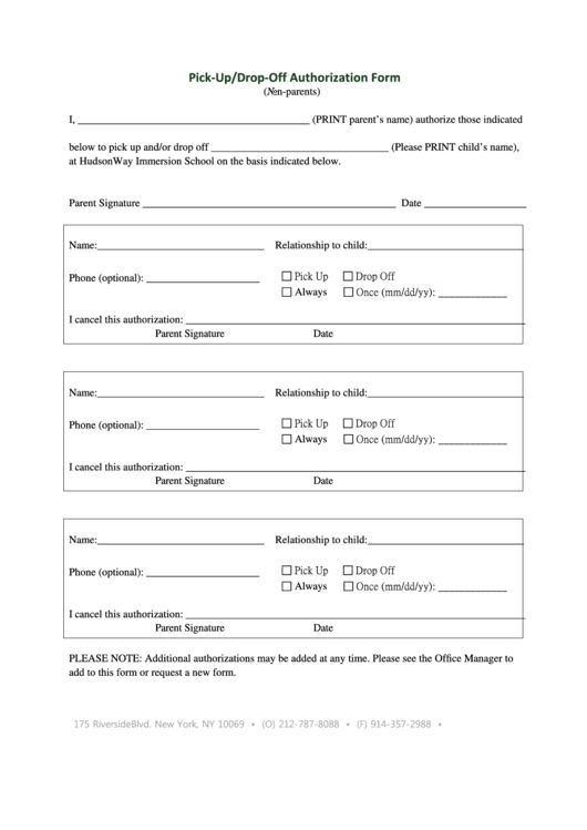 Pick-Up/drop-Off Authorization Form Printable pdf