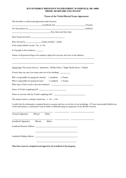Terms Of The Verbal Rental/lease Agreement Printable pdf