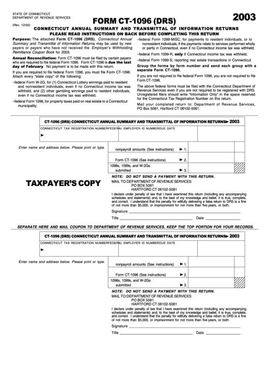 Form Ct-1096 (Drs) - Connecticut Annual Summary And Transmittal Of Information Returns - 2003 Printable pdf