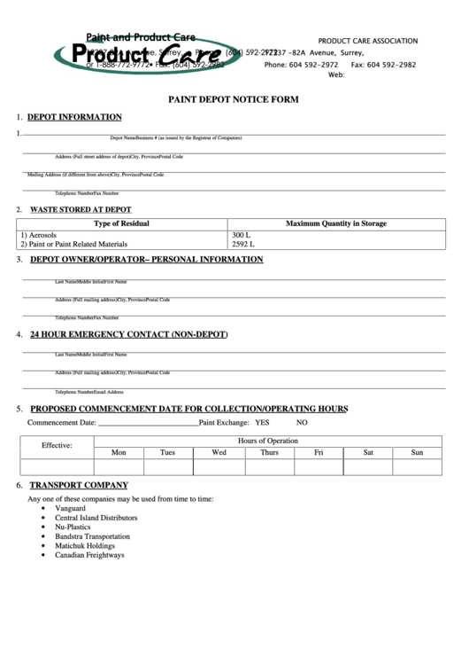 Paint Depot Notice Form Printable pdf