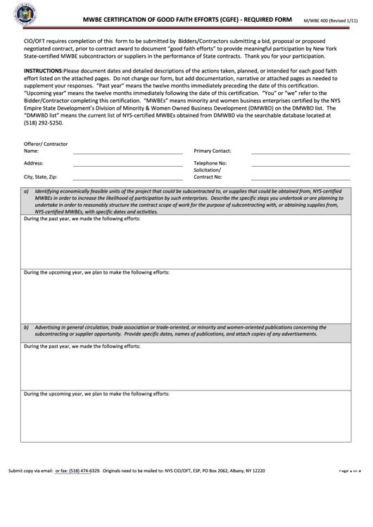 Mwbe Certification Of Good Faith Efforts (Cgfe) - Required Form Printable pdf
