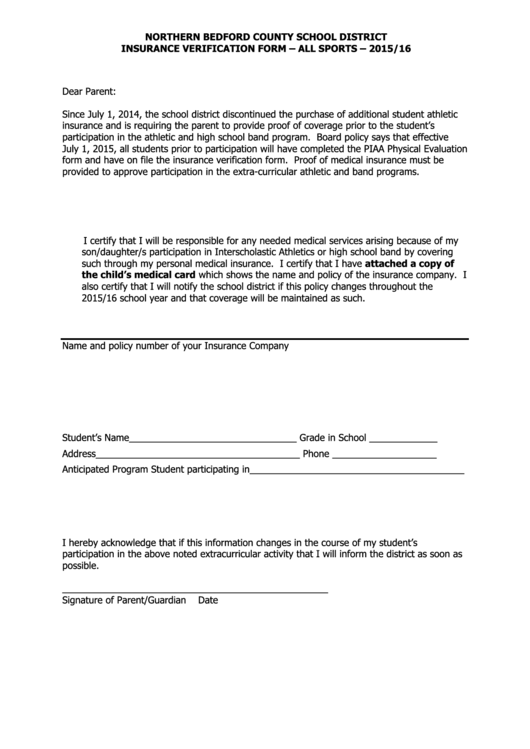 Insurance Verification Form - All Sports - 2015/16 Printable pdf