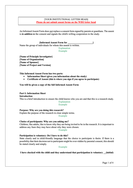 Fillable Informed Assent Form Printable pdf
