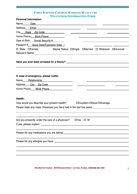 Volunteer Information Form Printable pdf