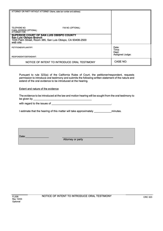 Notice Of Intent To Introduce Oral Testimony Template