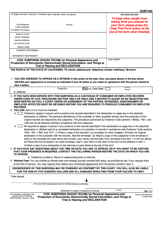 Fillable Form Subp-002 - Civil Subpoena For Personal Appearance Printable pdf