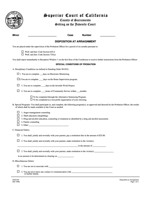 Disposition At Arraignment Form Printable pdf