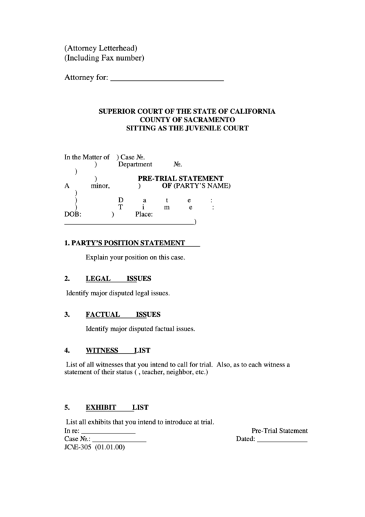 Pre Trial Statement Printable pdf