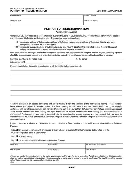 Fillable Petition Form For Redetermination Printable pdf