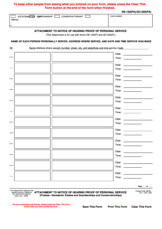 Fillable Form De-120 Gs-020- Attachment To Notice Of Hearing Proof Of Personal Service Printable pdf