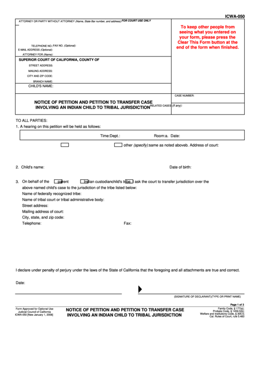 Fillable Notice Of Petition And Petition To Transfer Case To Tribal Jurisdiction Printable pdf
