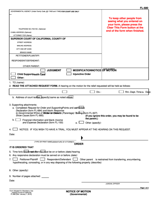 Fillable Fl680 Form Notice Of Motion printable pdf download
