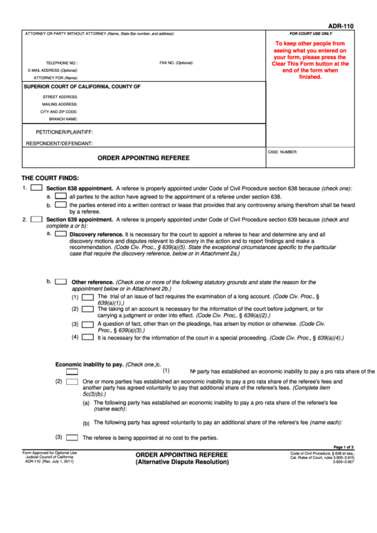 Fillable Order Appointing Referee Printable pdf