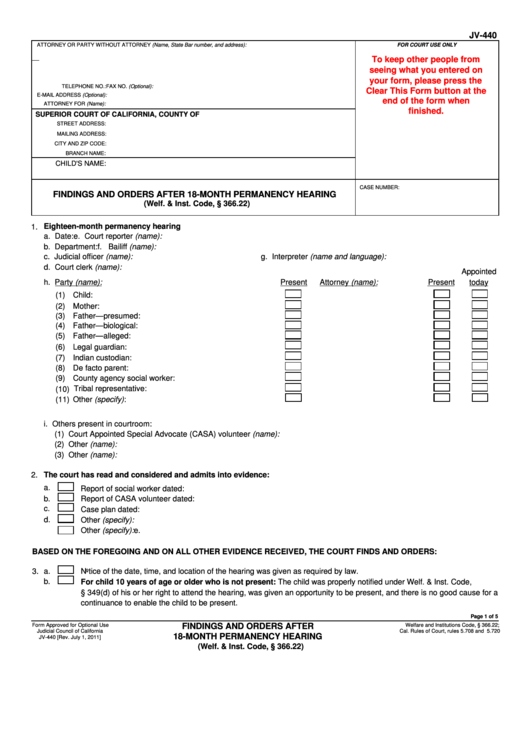 Fillable Form Jv-440 - Findings And Orders After 18 Month Permanency Hearing Printable pdf