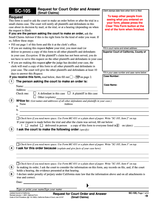 Fillable Request For Court Order And Answer Printable pdf
