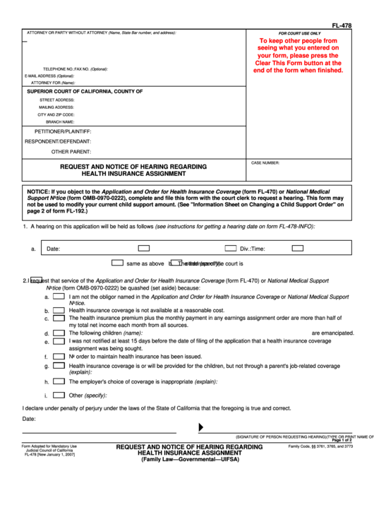 Fillable Form Fl-476 - Request And Notice Of Hearing Regarding Health Insurance Assignment Printable pdf