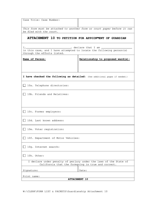 Fillable Attachment 10 To Petition For Appointment Of Guardian Printable pdf