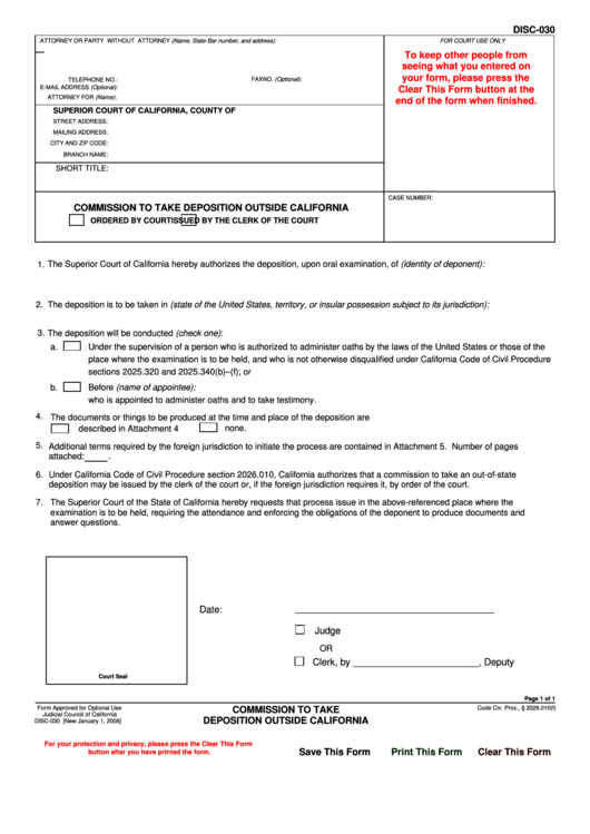 Fillable Commission To Take Deposition Outside California Printable pdf