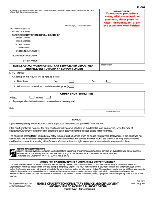 Fillable Form Fl-398 - Notice Of Activation Of Military Service And Deployment Printable pdf