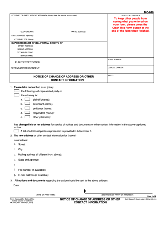 Fillable Notice Of Change Of Address Or Other Contact Printable pdf