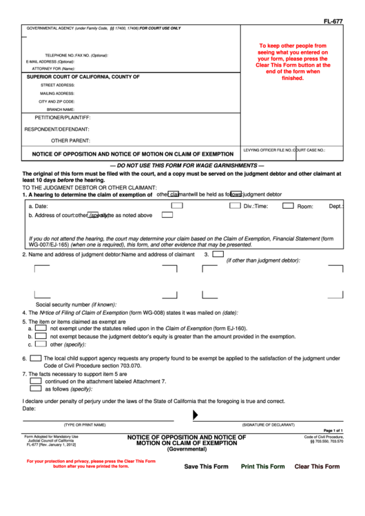 Fillable Notice Of Opposition And Notice Of Notion On Claim Printable pdf