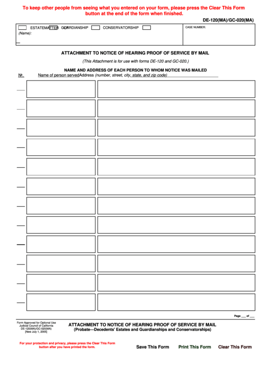 Fillable Form De-120 Gc-020 - Attachment To Notice Of Hearing Proof Of Service By Mail Printable pdf