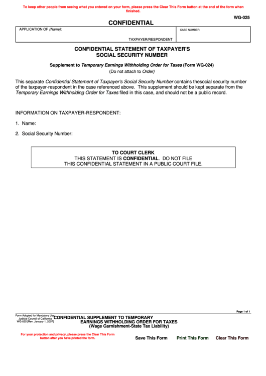Fillable Confidential Statement Of Taxpayers Social Security Number Template Printable pdf