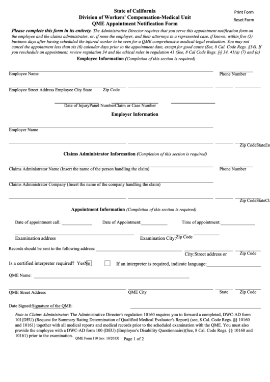 Fillable Qme Form 110 - Qme Appointment Notification Form Printable pdf