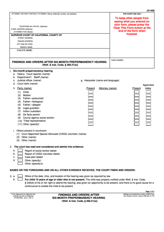 Fillable Form Jv-430 - Findings And Orders After Six Month Prepermanency Hearing Printable pdf