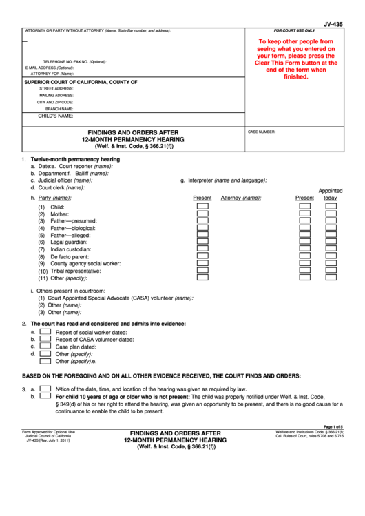 Fillable Form Jv-435 - Findings And Orders After 12-Month Permanency Hearing Printable pdf
