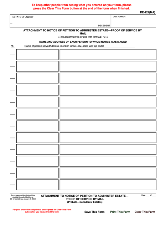 Fillable Form De-121 - Attachment To Notice Of Petition To Administer Estate - Proof Of Service By Mail Printable pdf
