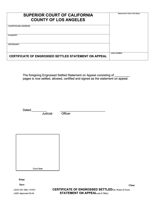 Fillable Certificate Of Engrossed Settled Statement On Appeal Printable pdf