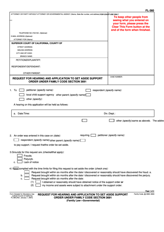 Fillable Form Fl-360 - Request For Hearing And Application To Set Aside Support Order Printable pdf