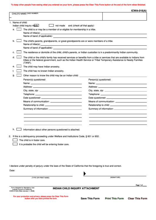 Fillable Indian Child Inquiry Attachment Printable pdf